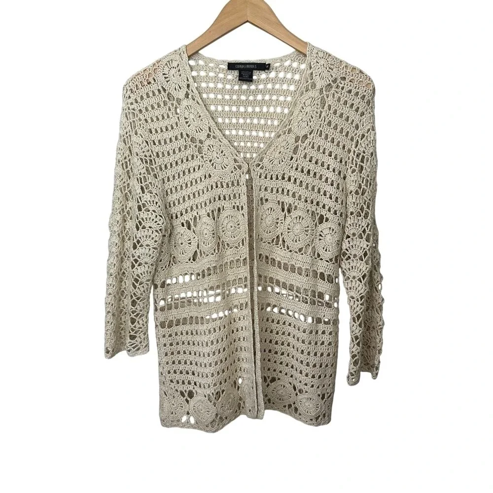 VTG Womens Cottagecore Crochet Cardigan Womens Medium Beige Boho Hippie Top